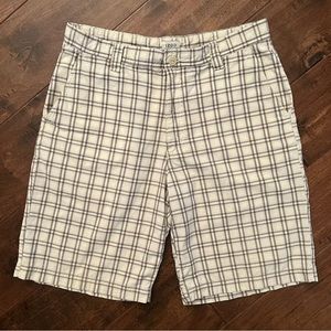 IZOD • Men‘s Flat Front Golf Shorts 100% Cotton Lightweight Tan/brown Plaid • 34